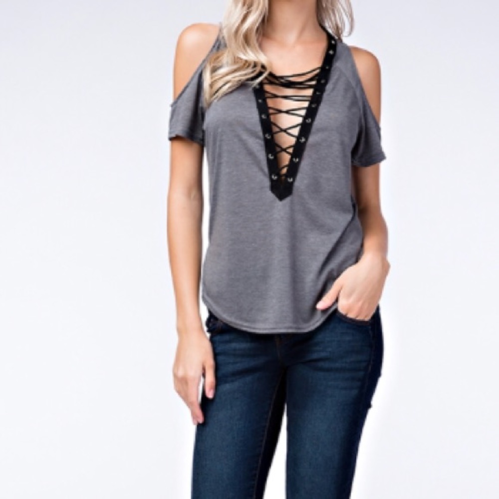 ❤️Only 2 Left❤️Charcoal Lace Up Cold Shoulder Top - Picture 2 of 4